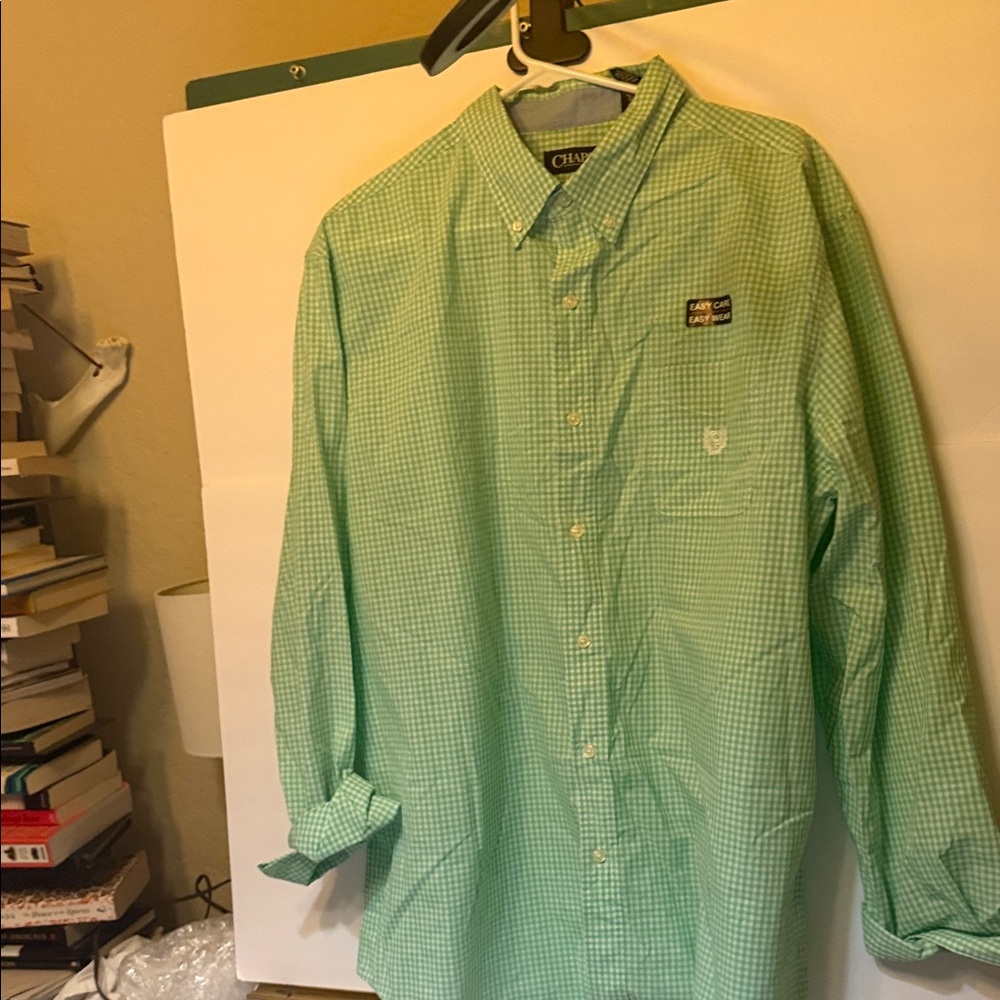 Chaps Men’s XL Kelley Green  Gingham Button-Down Shirt Easy Care Poly Cotton NWT